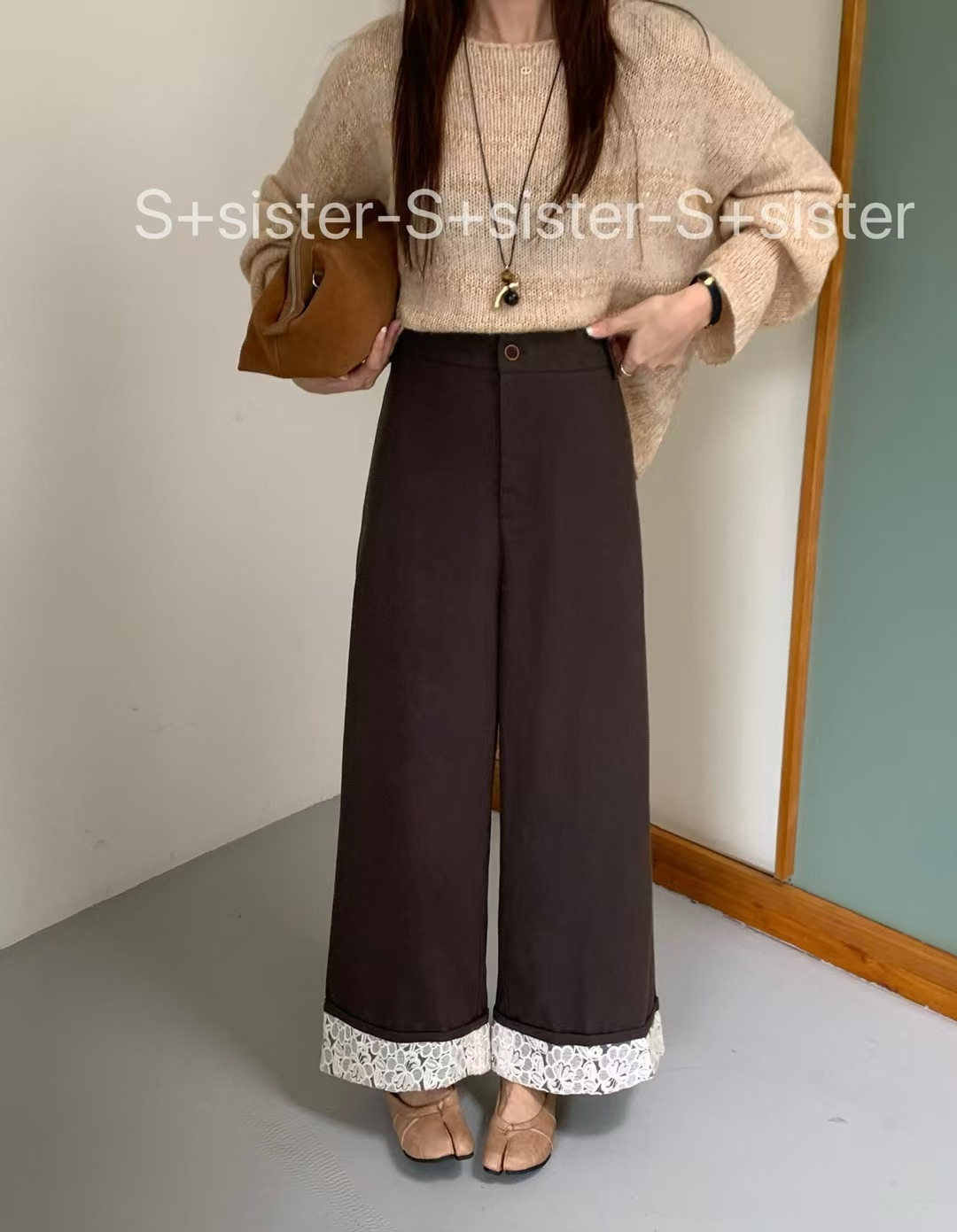 S+sister家19706#花边牛仔裤 奶茶 咖色  S M L图片