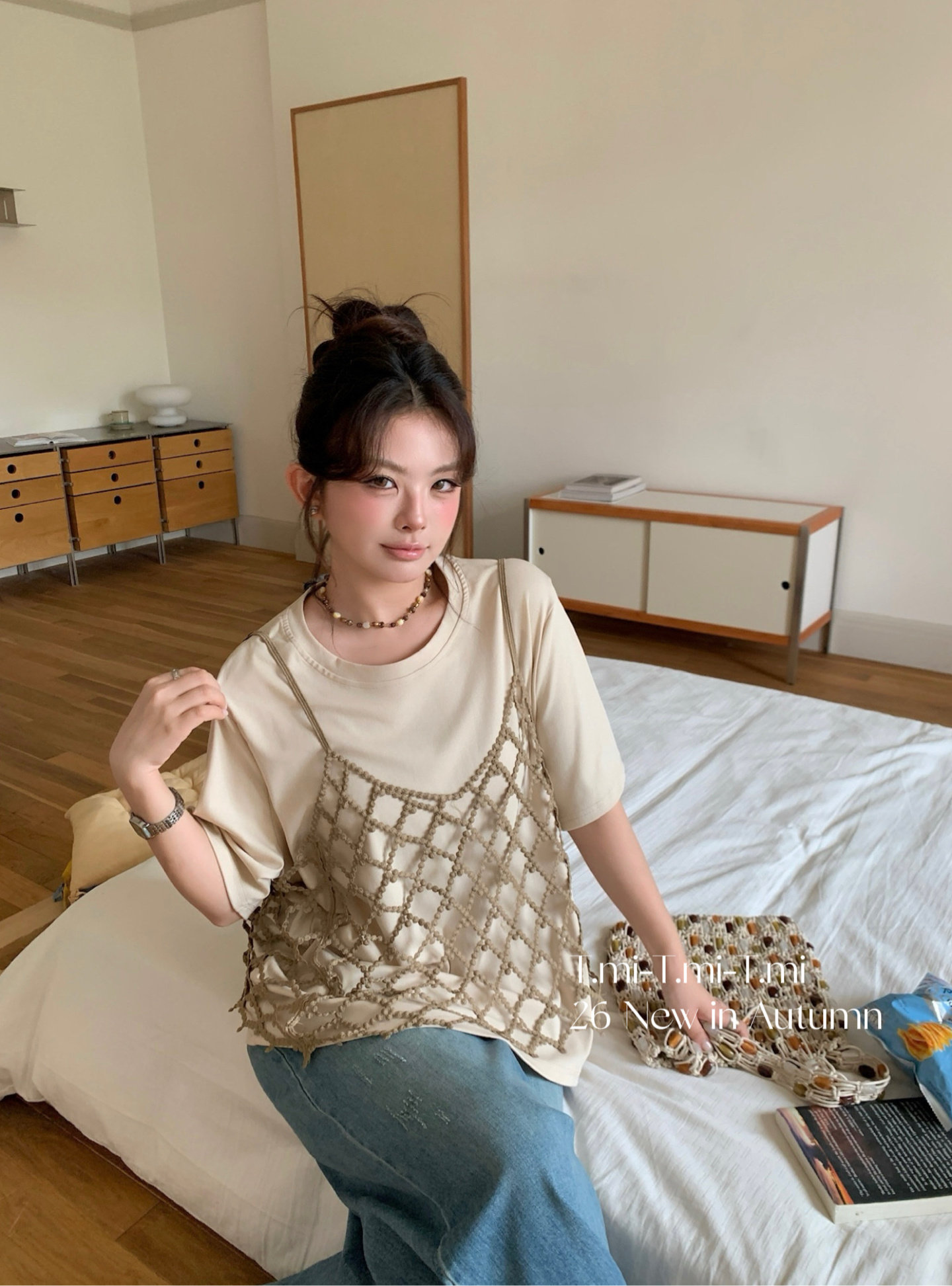 Tmi家27729#圆领T恤＋网格吊带两件套 颜色:卡其 杏色  尺码:M L