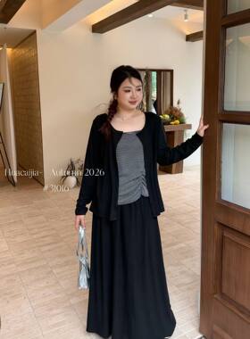 花菜家31016#内衬加开衫加半身裙三件套 灰  黑   1xl～3xl
