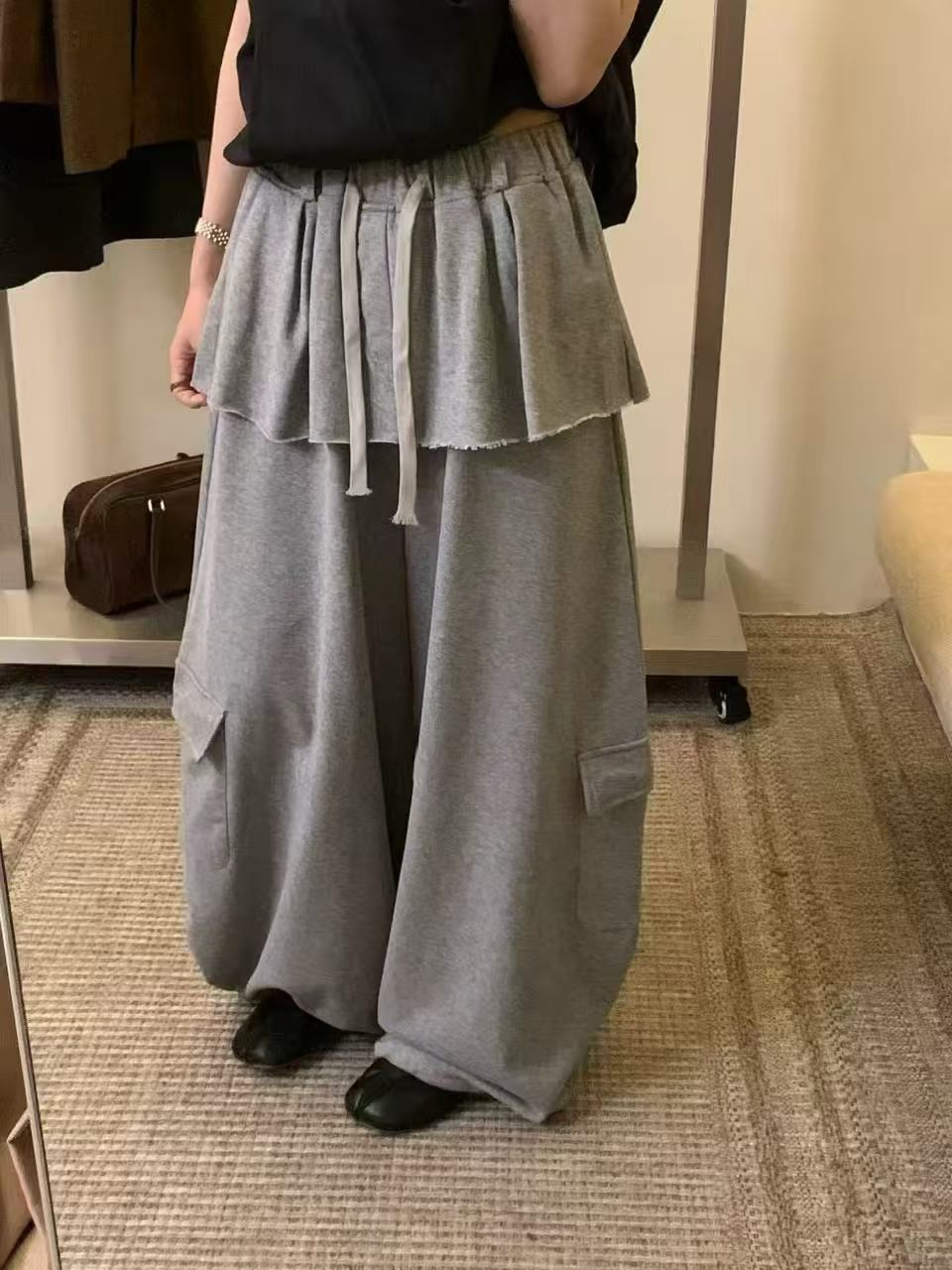 N家F6292#拼接围裙口袋休闲裤 深灰、浅灰、咖色 M、L、XL图片