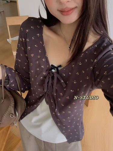 N家F6183#拼接碎花衫 白色 咖啡色 M-2XL