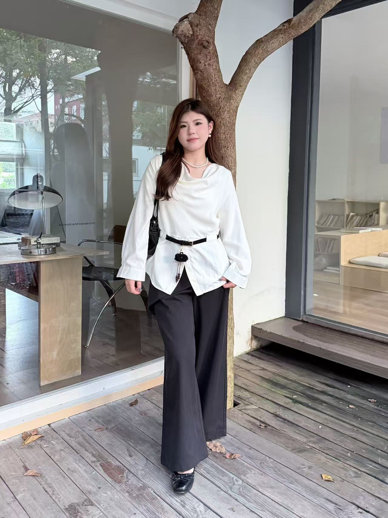一柠家Q60050#荡领长袖上衣 卡其  杏 1xl  2xl  3xl
