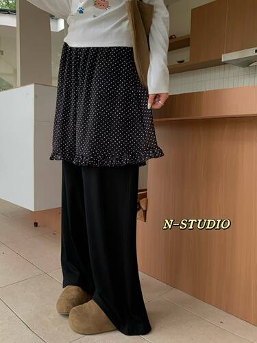 N家F6164#拼接波点围裙休闲裤 —黑色、灰色 /M、L、XL