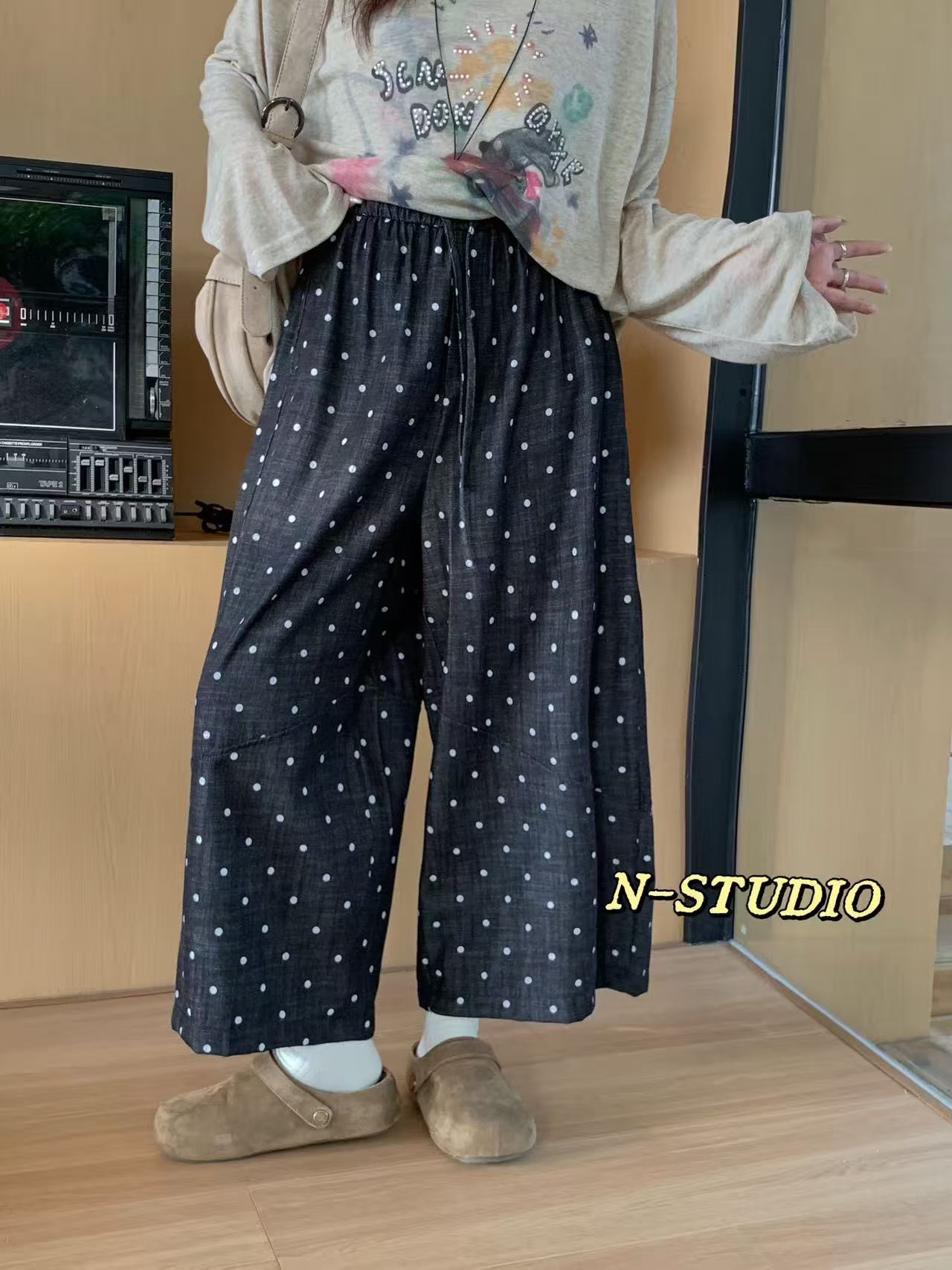 N家F6178#波点九分裤 黑色 咖啡色 M-XL图片