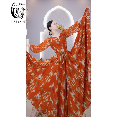 依曼之舞异域风情夏季新款连衣裙花色大摆新疆舞服跳舞裙子长裙