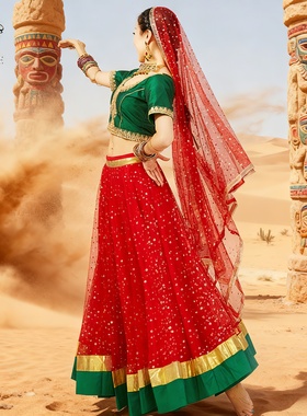 H328印度宝莱坞舞蹈表演服团体年会大型演出服修身大摆楞哈三件套