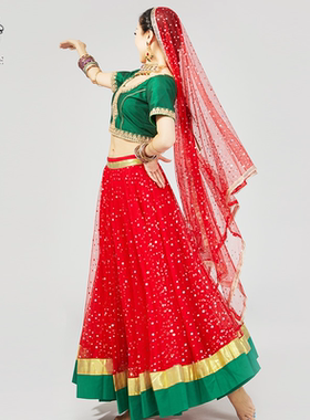 H328印度宝莱坞舞蹈表演服团体年会大型演出服修身大摆楞哈三件套