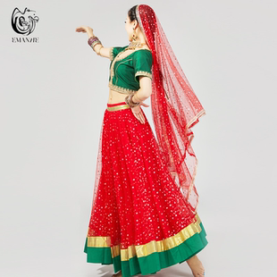 H328印度宝莱坞舞蹈表演服团体年会大型演出服修身 大摆楞哈三件套