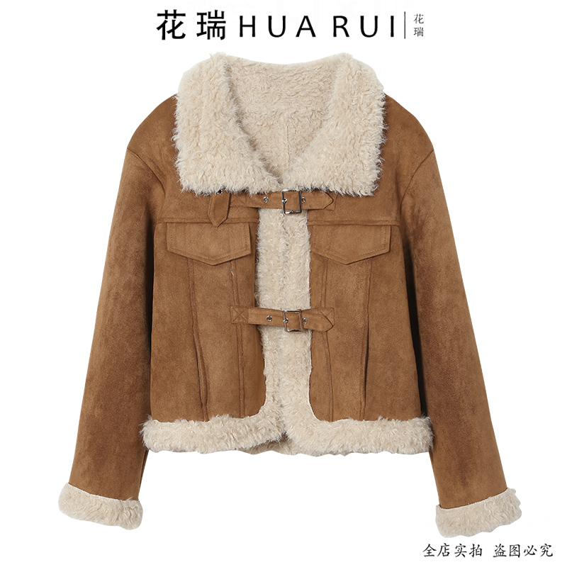 商场专柜同款洋气减龄皮毛一体外套冬季厚款麂皮绒毛毛女上衣显瘦