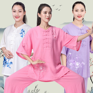 低领短袖太极服女绣花夏季亚麻棉练功服中袖太极拳服装薄款秋薄款