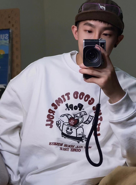 Betarex 多士炉印花秋冬宽松白色全棉圆领套头卫衣男女休闲上衣