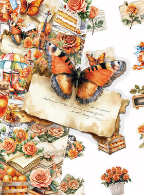 100张橙色花朵PET贴纸ins风小清新花卉素材贴diy桌面手帐本笔记本