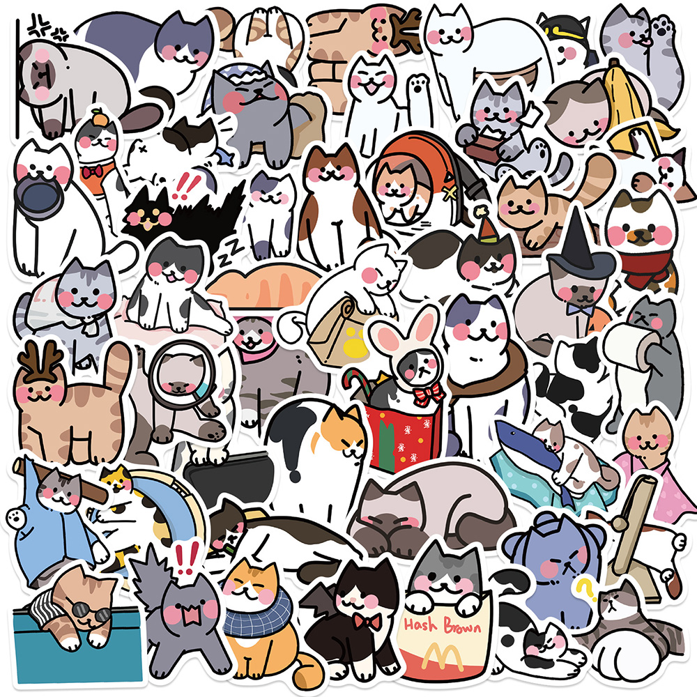 100张卡通猫咪插画贴纸ins呆萌可爱趣味装饰笔记本桌面防水贴画