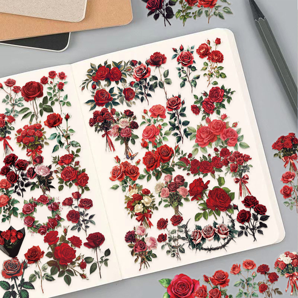 100张红色玫瑰pet贴纸ins风高颜值花卉素材贴diy手帐本手机壳贴画,玩具/童车/益智/积木/模型,贴纸,淘宝优惠券,粉丝福利购,淘宝优惠卷
