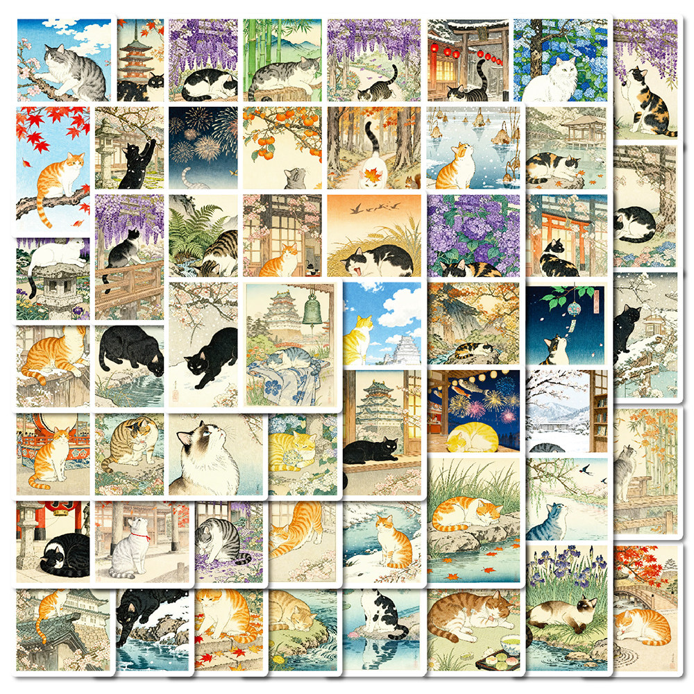 112张复古猫咪插画贴纸创意卡通可爱喵星人彩绘装饰DIY手账手机