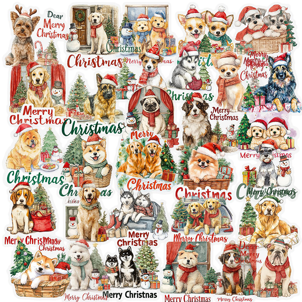 112张圣诞节狗狗PET贴纸高清柯基柴犬金毛图案素材diy装饰手账本