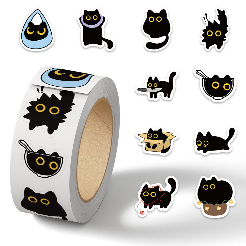 1000贴黑猫卷卷贴可爱搞怪趣味小猫咪贴画diy桌面手账封口贴纸
