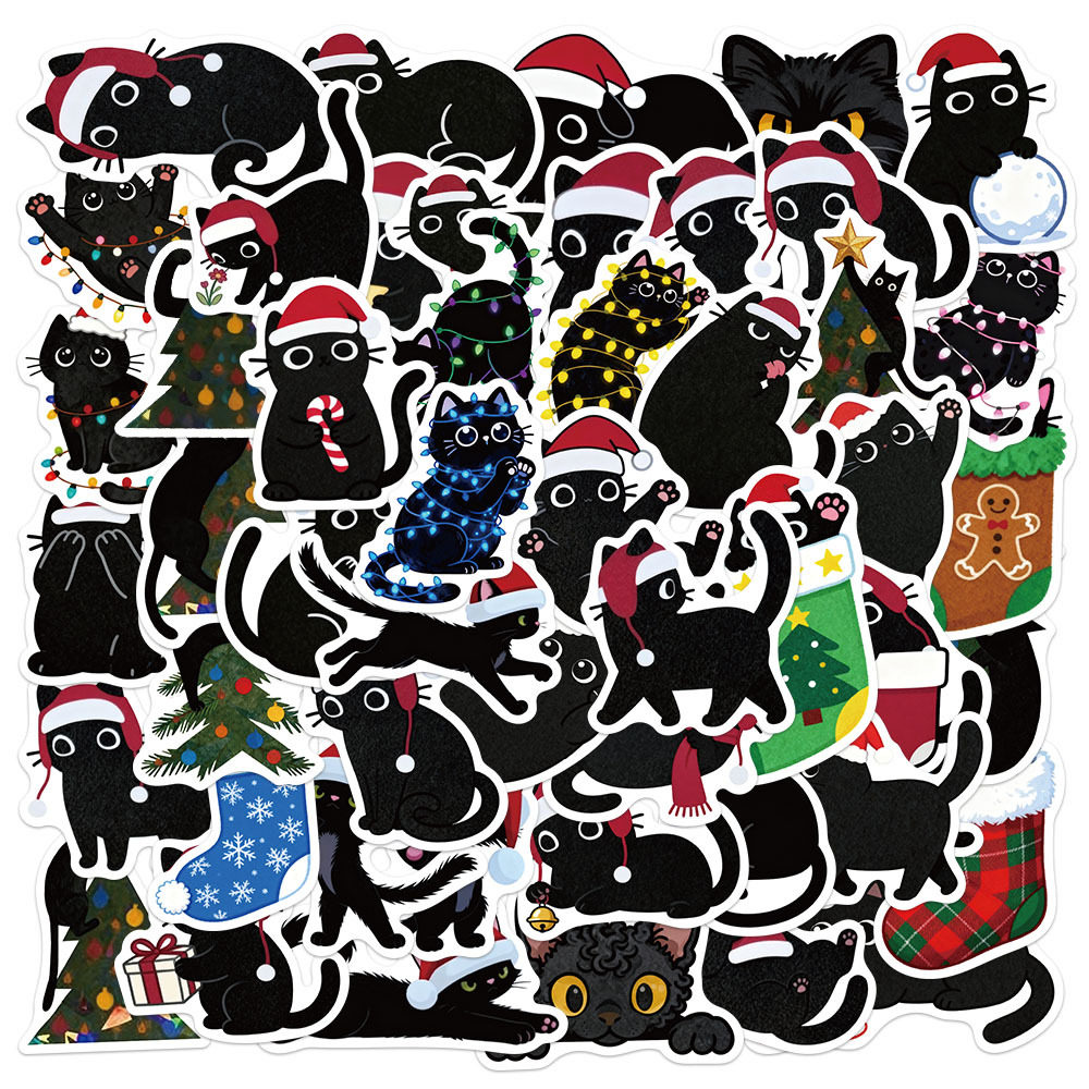 100张圣诞黑猫贴纸ins风卡通可爱猫咪图案创意桌面笔记本装饰贴