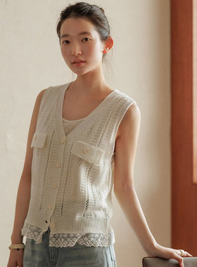 时尚起义韩国代购甜美2026春镂空钩花蕾丝叠穿针织马甲jo26041308