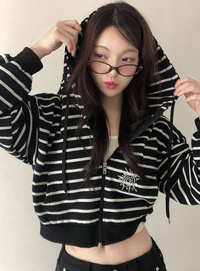 时尚起义韩国甜美2026春新双头拉链刺绣条纹连帽外套tp26012008