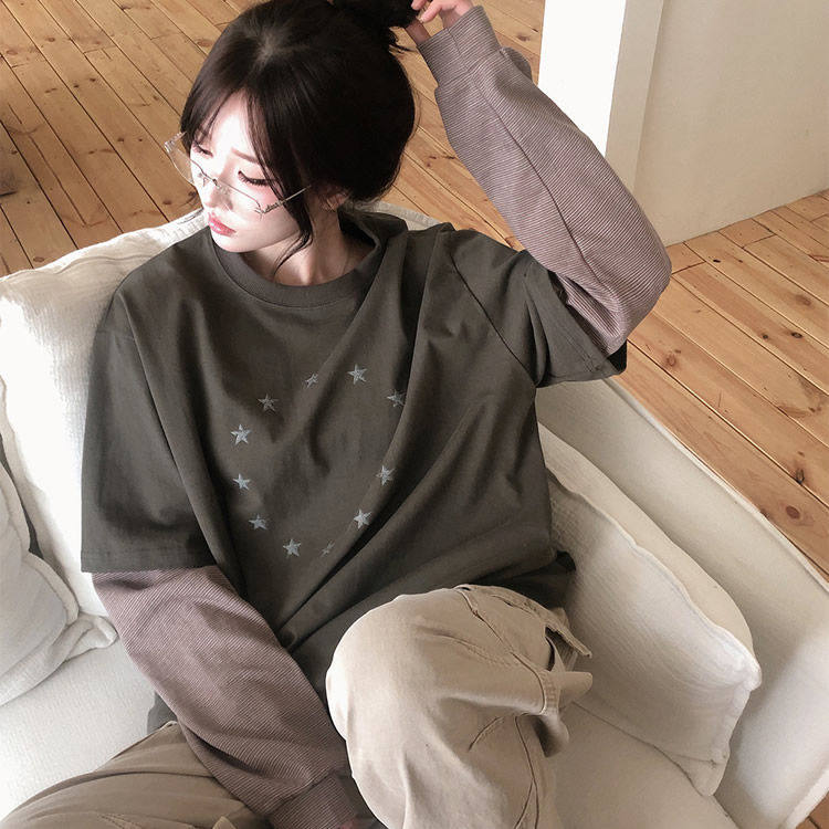 时尚起义韩国甜美2026春新分层拼接假两件星星长袖T恤tp26012009