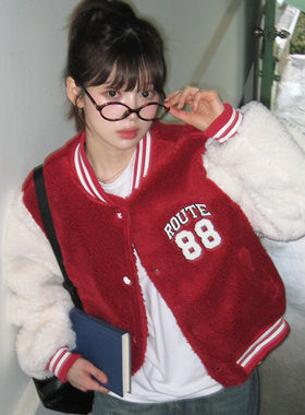 时尚起义韩国甜美2026春新88刺绣拼色羊羔绒宽松外套tp26010809