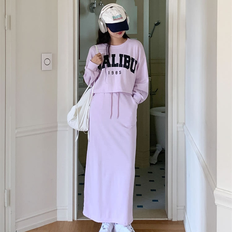 时尚起义韩国代购[套装]甜美malibu宽松卫衣T恤+长裙ls23091504