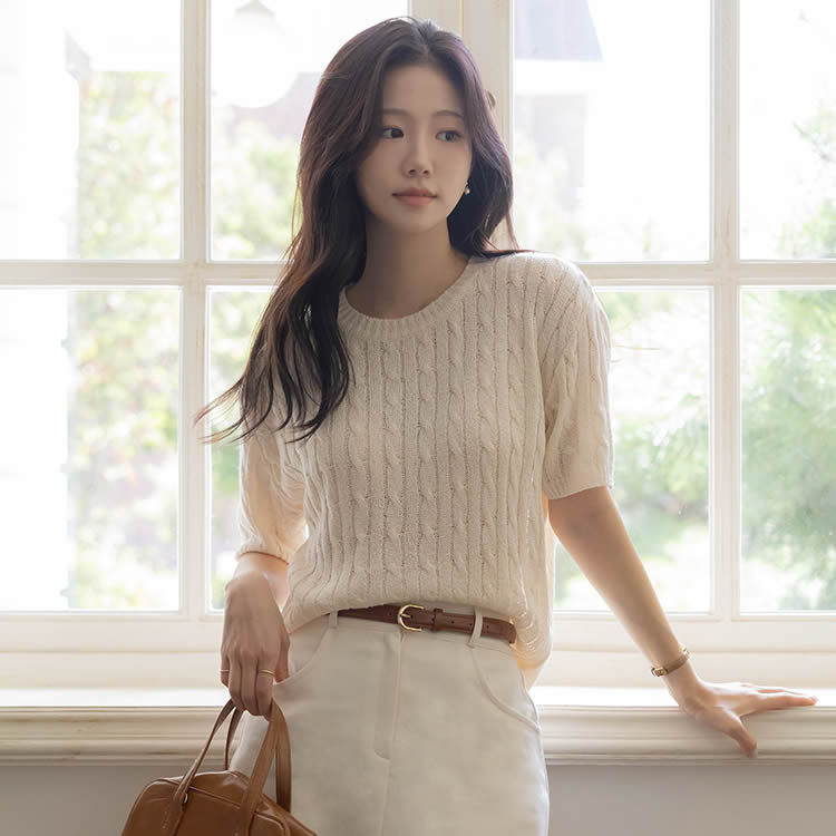 时尚起义扭花纹短袖针织衫毛衣