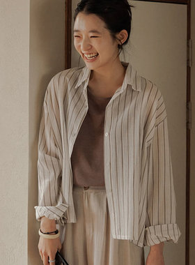 时尚起义韩国代购甜美2026春复古文艺风条纹宽松衬衫jo26041306