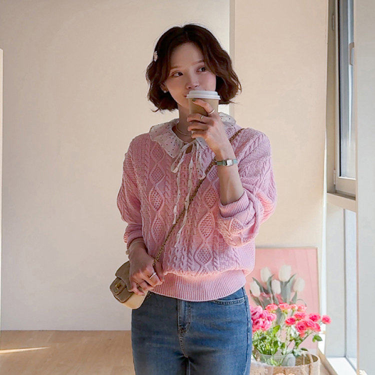 时尚起义韩国代购甜美2026春森女V领麻花纹宽松针织衫le26022405