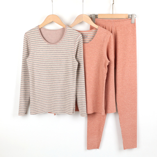 冠得6680秋冬女士青年羊绒蛋白条纹圆领纯色秋衣秋裤保暖内衣套装