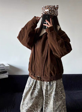 火原素复古美拉德麂皮绒不规则毛领棉服男女加厚夹棉保暖夹克外套