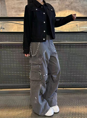 火原素美式复古法工做旧多口袋泼墨工装裤男女直筒宽松阔腿长裤潮