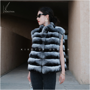 咔咔皮草 黑丝绒品质简约立领南美栗鼠龙猫马甲