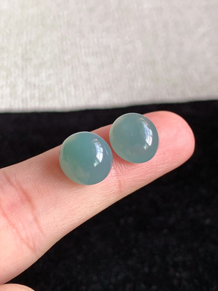 节贤玉器珠宝天然a货翡翠0111裸石冰种蓝水蛋面一对戒面镶嵌送证