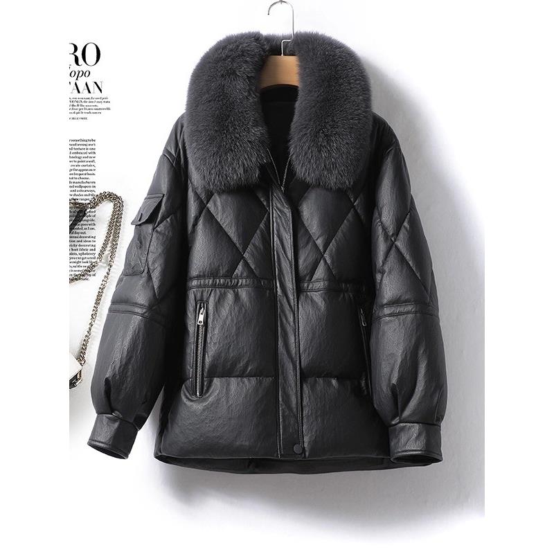 海宁皮衣女短款外套黑色韩版狐狸毛领羽绒新款白鸭绒绵羊皮女真皮