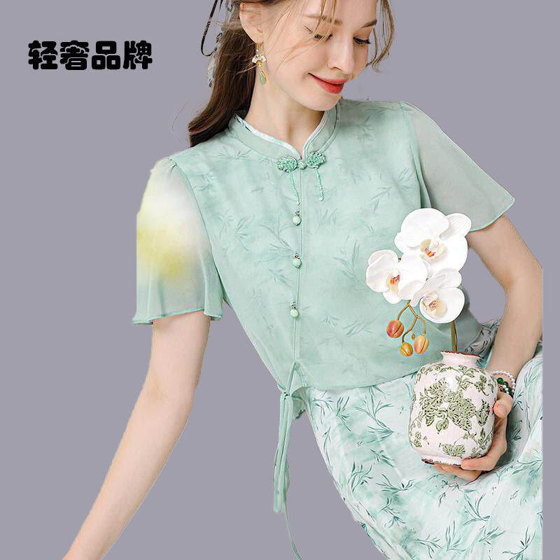 朗姿约定印花新中式改良国风连衣裙2026夏季新款薄荷绿a字裙