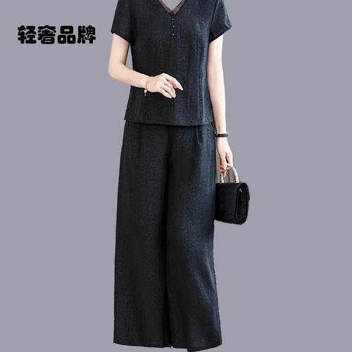 朗姿约定新款中国风黑香云纱女式短袖套装2026夏季新款上衣裤子两