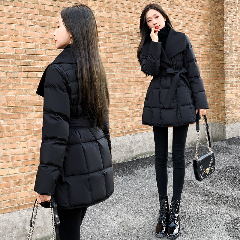 2024新款女装冬季修身收腰中长款羽绒服女小个子黑色显瘦翻领外套