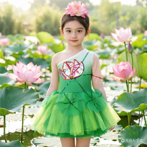 荷塘绿色舞台节目儿童表演纱裙服