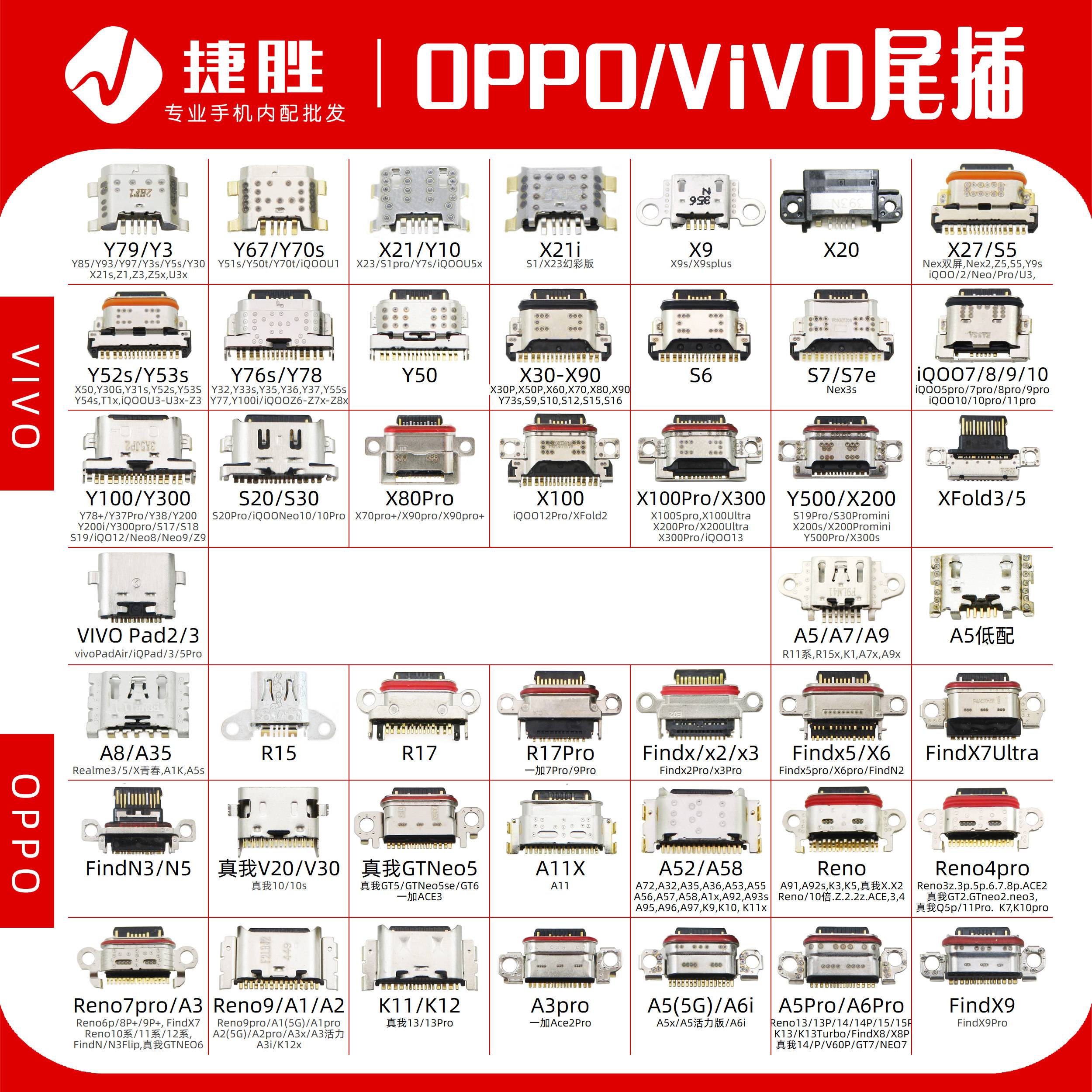 适用oppo vivo手机尾插Y79 Y85 x21 Y76 A52通用安卓尾插接口大全