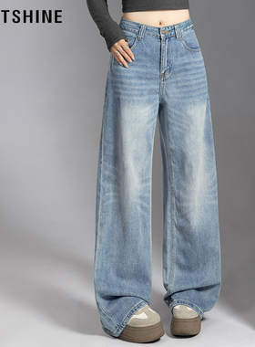 LOFTSHINE珞炫复古通勤水洗牛仔裤女2025冬季新款直筒阔腿加绒裤