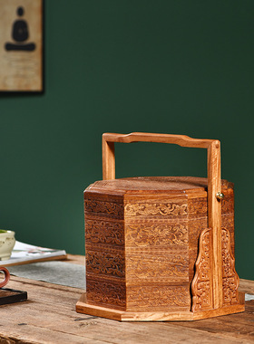 缅甸花梨木提篮复古中式点心盒雕花三层食盒实木送餐盒带盖收纳篮