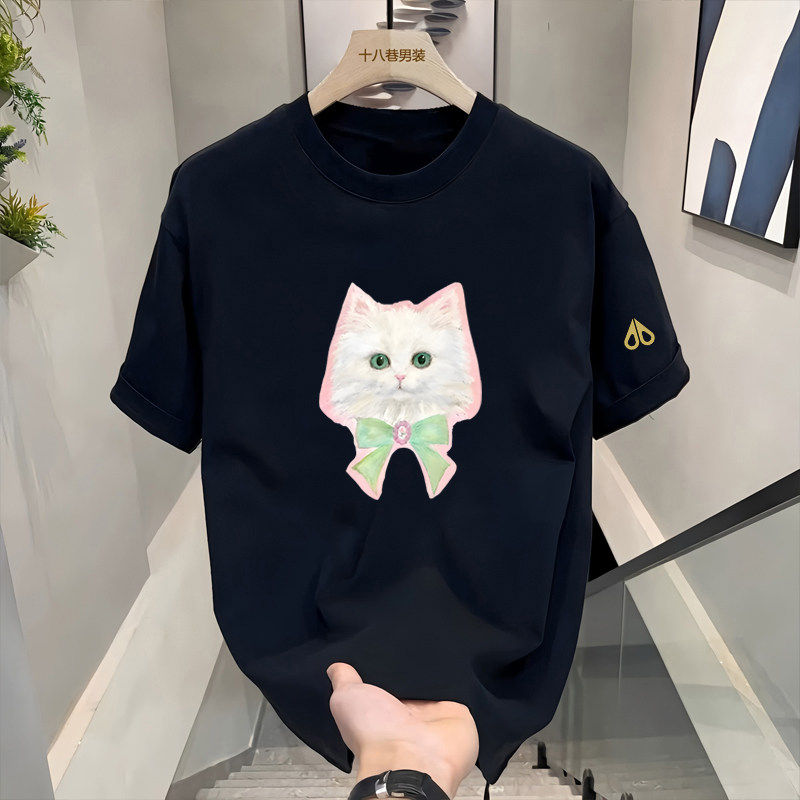 剪刀四季新款卡通猫咪印花短袖男女同款圆领宽松百搭上衣半袖T恤