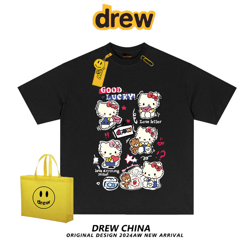 drew美式潮牌KT猫卡通涂鸦印花短袖t恤男女街头宽松情侣上衣ins夏