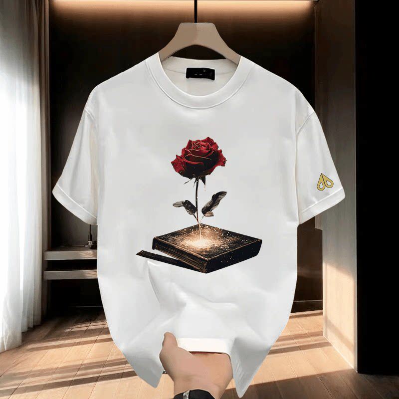 剪刀四季美式休闲风玫瑰花卉印花短袖T恤男潮流小众圆领上衣百搭