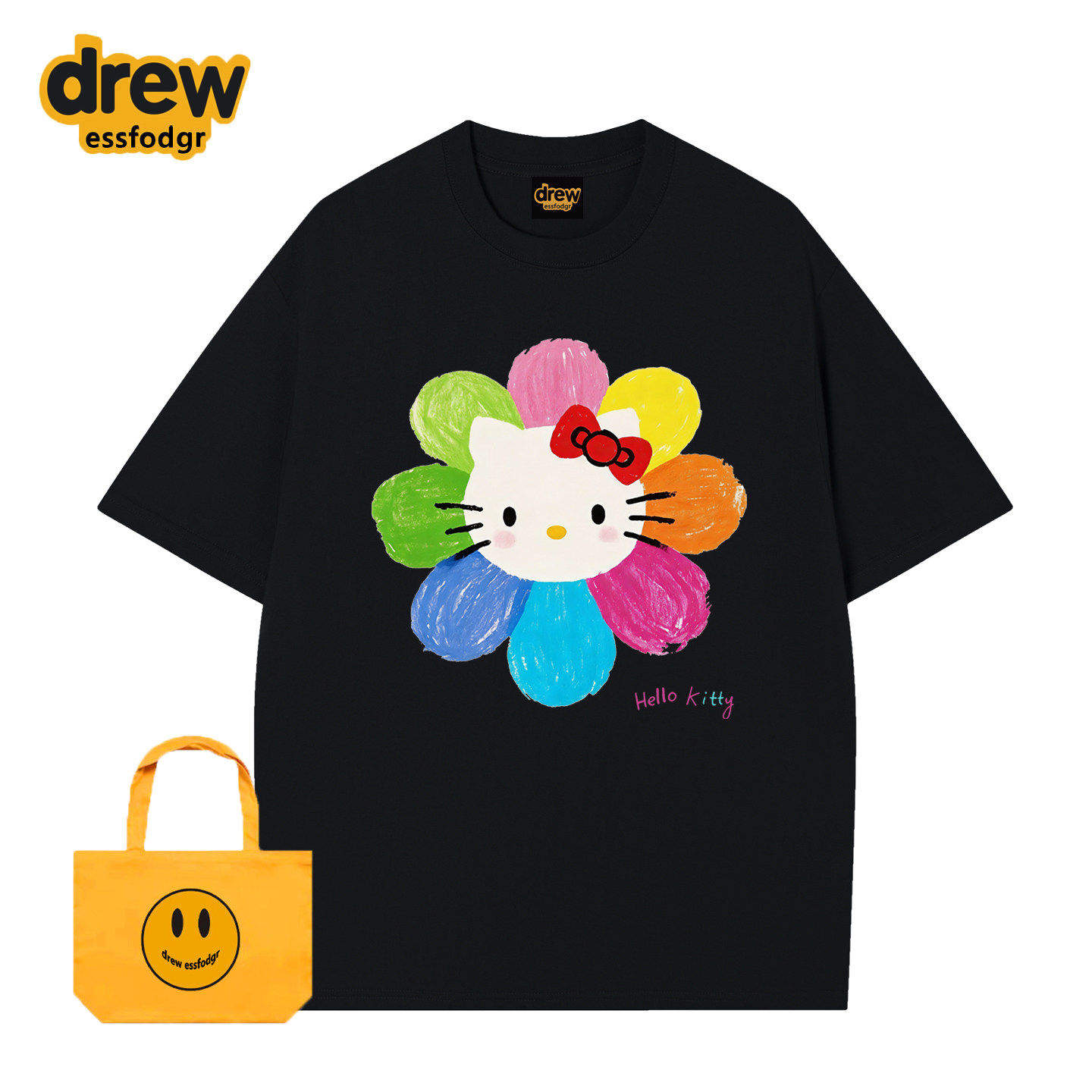 Drew美式潮牌小雏菊KT猫卡通印花短袖T恤男女宽松休闲情侣半袖INS