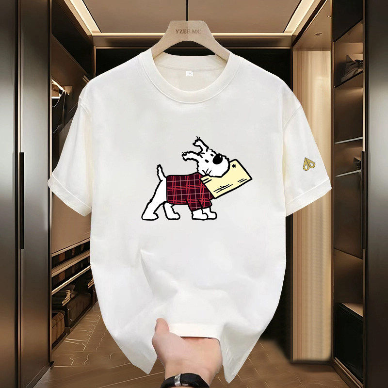剪刀四季新款美式潮牌小狗印花短袖T恤男女情侣宽松圆领百搭上衣