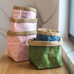 ins风桌面收纳袋化妆品收纳盒文艺花盆套杂物收纳笔筒笔盒杜邦纸