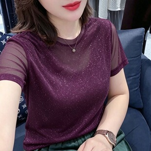 亮丝弹力网纱短袖小衫圆领T恤夏季新款韩版时尚亮闪闪蕾丝上衣